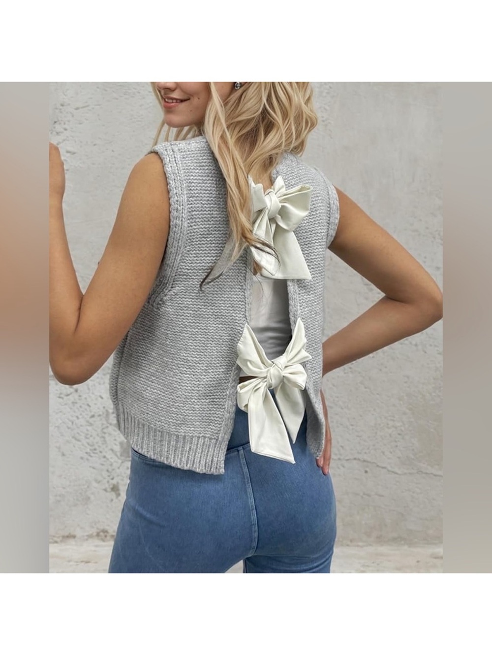 Commense Gray Knit Sleeveless Top with Cream Back Bows